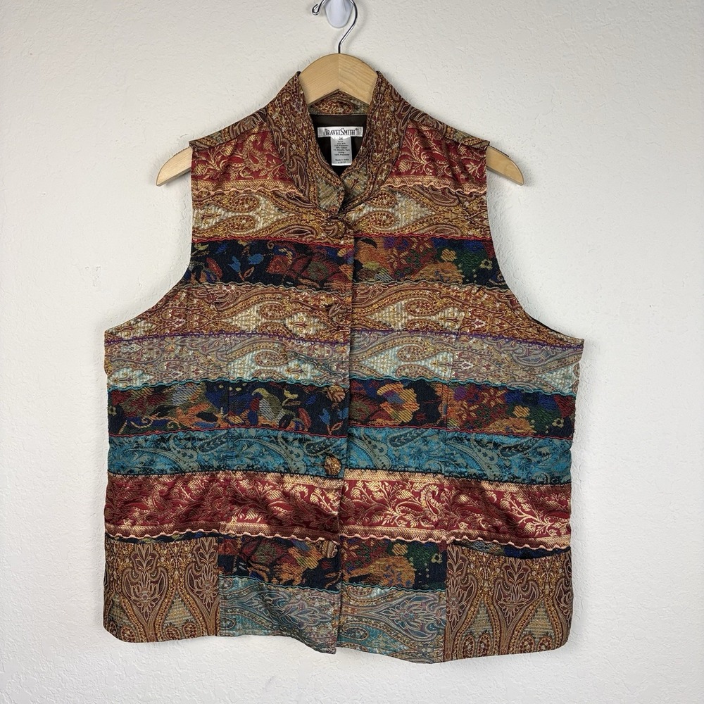 Vtg Travelsmith 2x Tapestry Vest Silk Blend Mandarin Collar Patchwork Artsy Boho
